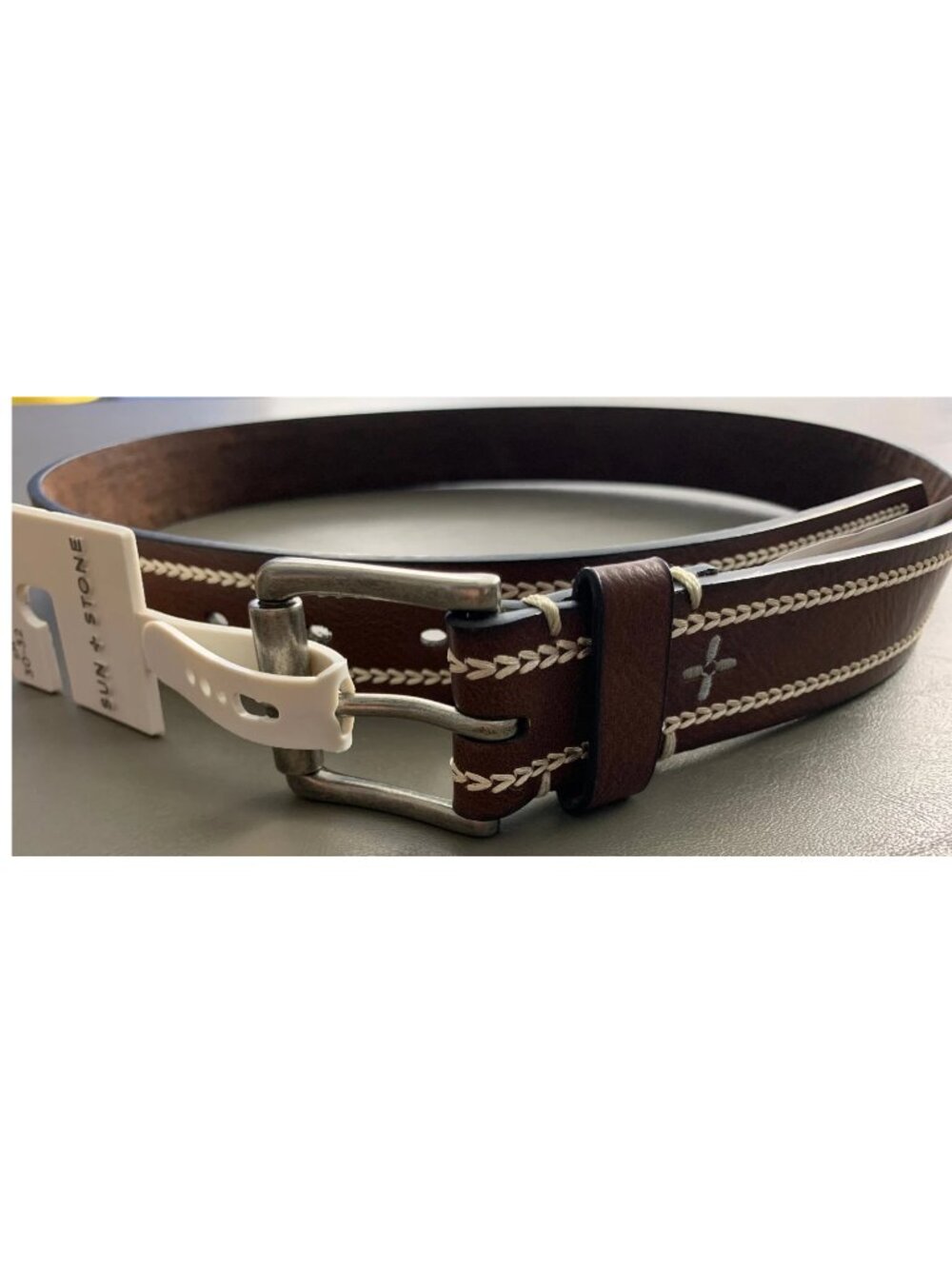 Sun + Stone Men's Heavy Stitch Faux Leather Casual Belt, Brown, Small (30-32)